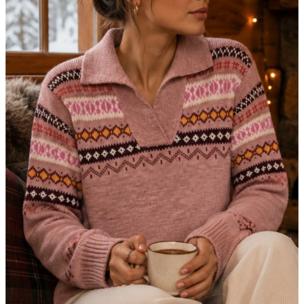 Vintage Bananas Womens Fair Isle Polo Collared Sweater Small Cottagecore Preppy